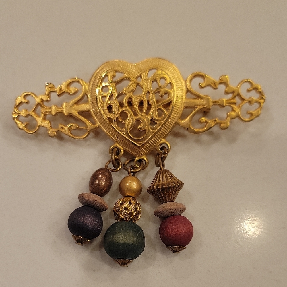 Vintage Gold Heart Brooch with Multicolor Beads